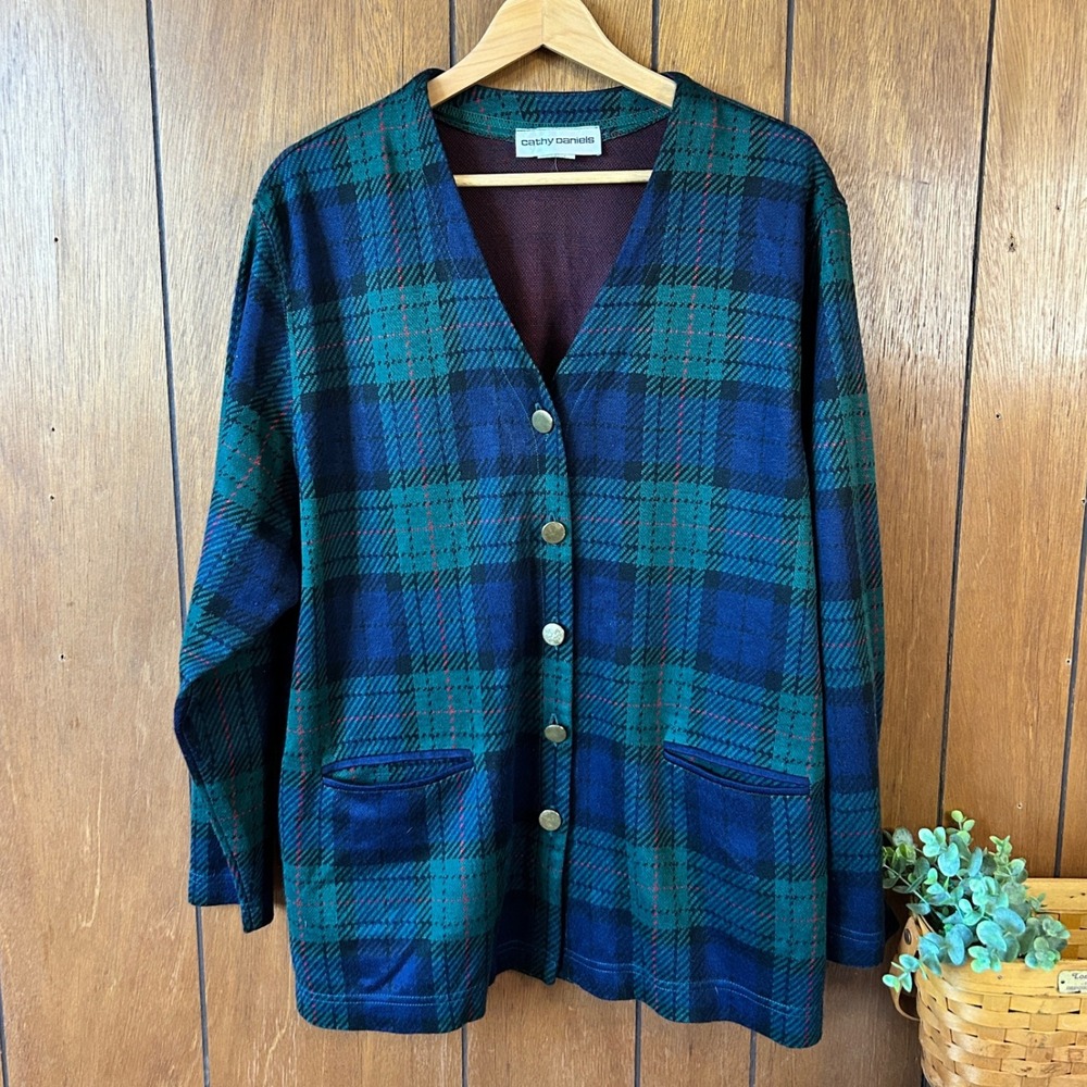 Vintage Cathy Daniels Plaid Button Up Cardigan Sweater Holiday Winter Heritage